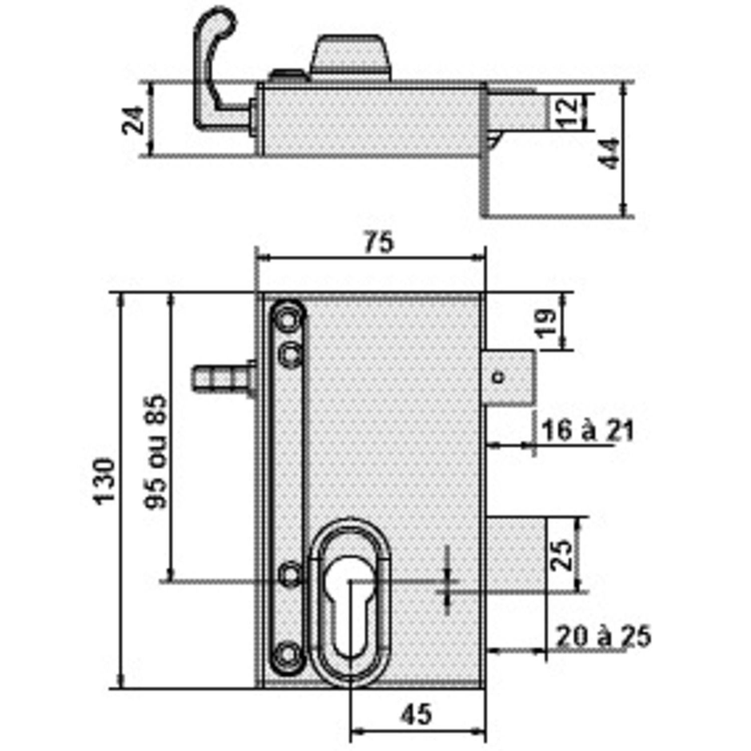 Cerradura vertical con cilindro europeo ajustable - Derecha, 45