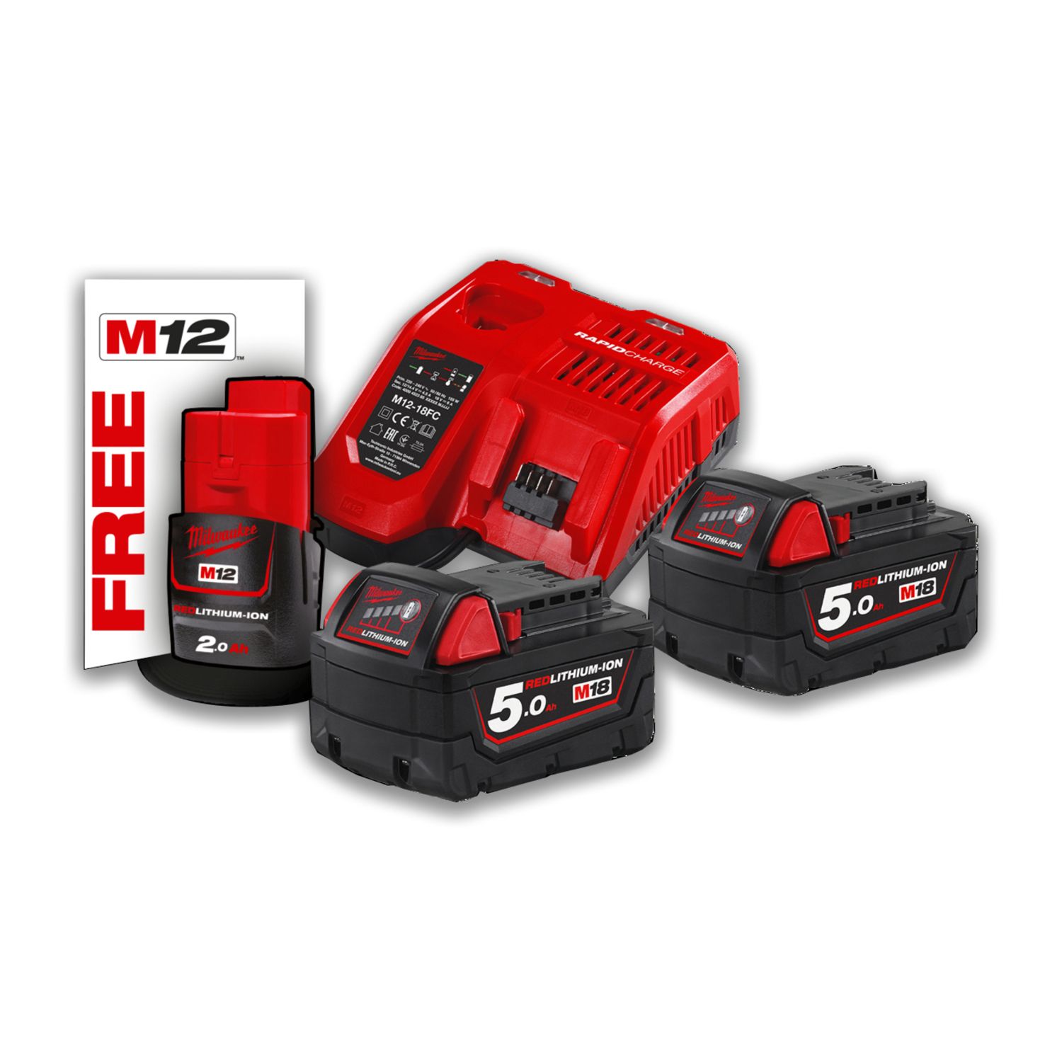 Pack de 2 pilas + cargador de 18 V y 1 pila de 12 V de regalo